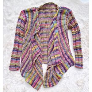 Vintage Y2K Hand Knit Cardigan Open Front Sweater Multi Color Rainbow size S